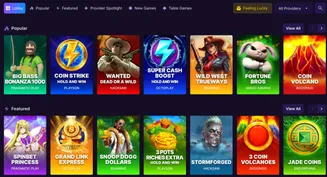 SpinBet – Popular & Featured Slot Games Collection Game selection screen showing popular and featured slot games at SpinBet, including Big Bass Bonanza, Coin Strike, Spinbet Princess, and more
